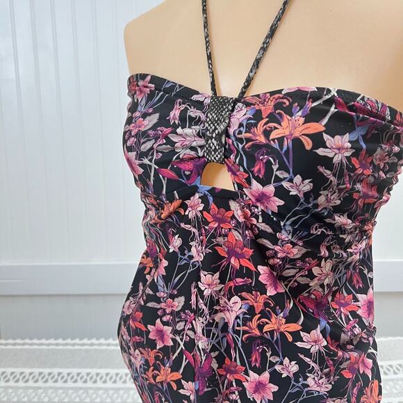 A Pea In The Pod Maternity Swim Black Floral Swimwear Halter Top Pink Keyhole - Picture 1 of 10
